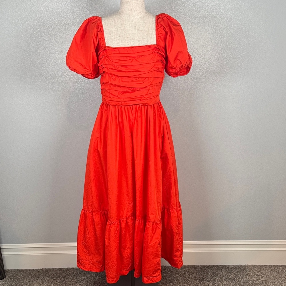 Quince Bright Red Puff-Sleeve Tiered Midi Dress